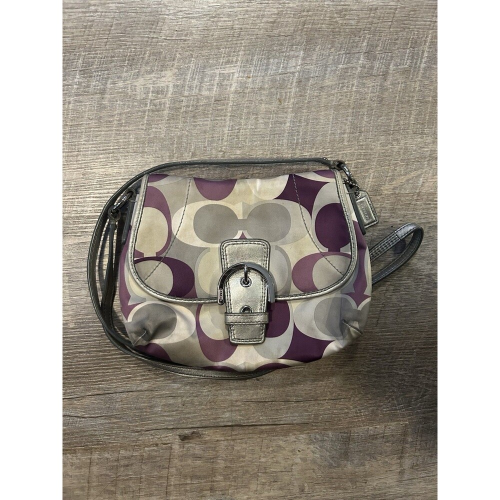 Coach Soho Purple Silver Signature C Satin Scarf Print Buckle Flap Crossbody Bag